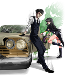 Size: 1145x1350 | Tagged: safe, artist:opcrom, imported from derpibooru, octavia melody, oc, oc:erebus darkly, oc:overture, ghost, human, 1957 plymouth, full body, humanized, pale car, tentacles