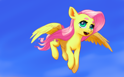 Size: 2560x1600 | Tagged: artist needed, source needed, safe, imported from derpibooru, fluttershy, pegasus, pony, beanbrows, cute, eyebrows, female, flying, looking at you, mare, open mouth, shyabetes, sky, smiling, solo, spread wings, teeth, three quarter view, windswept mane, wings