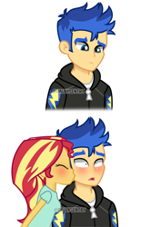 Size: 3175x5124 | Tagged: safe, artist:paulysentry, deleted from derpibooru, imported from derpibooru, flash sentry, sunset shimmer, equestria girls, cheek kiss, cute, diasentres, female, flashimmer, kiss on the cheek, kissing, male, shimmerbetes, shipping, straight, surprise kiss