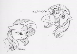 Size: 1939x1361 | Tagged: safe, artist:dilarus, deleted from derpibooru, imported from derpibooru, sunset shimmer, pony, unicorn, female, mare, monochrome, onomatopoeia, open mouth, simple background, traditional art, white background