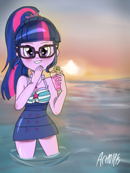 Size: 1800x2400 | Tagged: safe, artist:artmlpk, imported from derpibooru, sci-twi, twilight sparkle, equestria girls, beach, bikini, blushing, clothes, cute, female, geode of telekinesis, juice, lemonade, magical geodes, sci twi is watching you, smiley face, smiling, solo, sunset, swimsuit, twiabetes