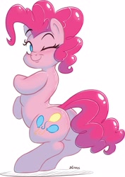 Size: 2162x3055 | Tagged: safe, artist:dilarus, deleted from derpibooru, imported from derpibooru, pinkie pie, earth pony, pony, balloonbutt, blushing, butt, cute, diapinkes, female, mare, no pupils, one eye closed, plot, simple background, solo, traditional art, white background, wink