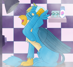 Size: 2755x2550 | Tagged: safe, artist:skyflys, imported from derpibooru, gallus, ocellus, changedling, changeling, griffon, background ocellus, blushing, creeper, disguise, disguised changeling, female, inanimate tf, luslus, male, objectification, peeping jane, peeping tom, shipping, shower, sneak 100, soap, straight, teenager, transformation, when you see it