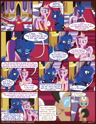 Size: 2550x3300 | Tagged: safe, artist:j5a4, imported from derpibooru, princess cadance, princess luna, oc, oc:psyche, alicorn, pony, unicorn, comic:surprise, butt, comic, crying, female, lovebutt, mare, plot, princess sadance, sad