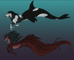 Size: 3582x2889 | Tagged: safe, artist:eerinless, imported from derpibooru, oc, oc only, oc:aesir, oc:alderia, deity, monster pony, octopony, orca pony, original species, coat markings, duo, female, god, goddess, gradient background, horn, male, profile, skull, skull head, underwater, unshorn fetlocks