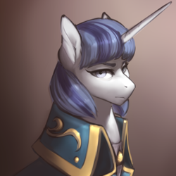 Size: 300x300 | Tagged: source needed, useless source url, safe, artist:eerinless, imported from derpibooru, pony, unicorn, bust, cloak, clothes, female, frown, gradient background, lidded eyes, looking at you, mare, portrait, sidemouth, simple background, solo