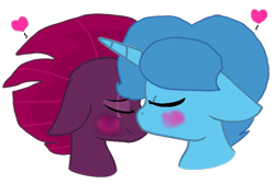 Size: 1391x934 | Tagged: safe, artist:徐詩珮, imported from derpibooru, fizzlepop berrytwist, spring rain, tempest shadow, pony, unicorn, base used, broken horn, eyes closed, female, heart, horn, kissing, lesbian, mare, shipping, simple background, springshadow, transparent background