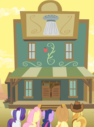 Size: 1652x2218 | Tagged: safe, composite screencap, edit, edited screencap, imported from derpibooru, screencap, applejack, braeburn, fluttershy, rarity, twilight sparkle, earth pony, pegasus, pony, unicorn, over a barrel, applejack's hat, appleloosa, building, cowboy hat, female, food, hat, male, mare, panorama, salt, salt shaker, stallion, the salt block, unicorn twilight