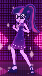 Size: 376x678 | Tagged: safe, imported from derpibooru, screencap, sci-twi, twilight sparkle, equestria girls, equestria girls series, i'm on a yacht, spoiler:eqg series (season 2), clothes, cropped, cute, dancing, dress, feet, female, geode of telekinesis, glasses, looking at you, magical geodes, neon eg logo, open-toed shoes, sandals, sleeveless, solo, toes, twiabetes