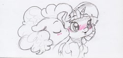 Size: 1602x756 | Tagged: safe, artist:dilarus, deleted from derpibooru, imported from derpibooru, pinkie pie, twilight sparkle, alicorn, earth pony, pony, blushing, cute, exclamation point, eyes closed, female, floppy ears, kissing, lesbian, open mouth, shipping, simple background, smiling, traditional art, twiabetes, twilight sparkle (alicorn), twinkie, white background