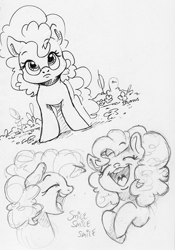 Size: 1642x2340 | Tagged: safe, artist:dilarus, deleted from derpibooru, imported from derpibooru, pinkie pie, earth pony, pony, eyes closed, female, laughing, mare, monochrome, open mouth, simple background, smile smile smile, traditional art, white background