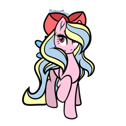 Size: 1000x1000 | Tagged: safe, artist:nummypixels, imported from derpibooru, oc, oc only, earth pony, pony, bow, female, hair bow, mare, raised hoof, signature, simple background, solo, tail bow, transparent background