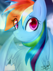 Size: 2114x2800 | Tagged: safe, artist:krystalchaser, imported from derpibooru, rainbow dash, pegasus, pony, bust, chest fluff, colored pupils, cute, dashabetes, eye clipping through hair, female, looking at you, portrait, solo