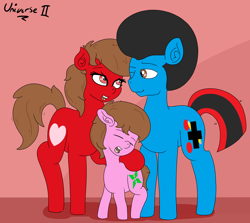 Size: 3000x2680 | Tagged: safe, artist:mackstack, imported from derpibooru, oc, oc only, oc:shooter armstrong, oc:splasher, oc:tempo cider, earth pony, pony, afro, family photo, one eye closed, universe 2, wink