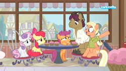 Size: 1366x768 | Tagged: safe, deleted from derpibooru, imported from derpibooru, screencap, apple bloom, mane allgood, scootaloo, snap shutter, sweetie belle, the last crusade, chair, cutie mark crusaders, house, scootaloo's parents, table, window