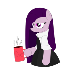 Size: 3000x3000 | Tagged: source needed, safe, artist:visionwing, imported from derpibooru, oc, oc:visionwing, pony, black shirt, black skirt, clothes, coffee, coffee mug, mug, simple background, skirt, standing, white shirt