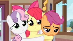 Size: 1366x768 | Tagged: safe, deleted from derpibooru, imported from derpibooru, screencap, apple bloom, scootaloo, sweetie belle, the last crusade, cutie mark crusaders, hug, sad, sad eyes