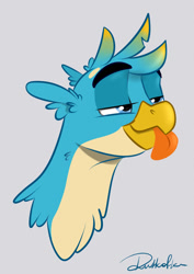 Size: 600x848 | Tagged: safe, artist:rutkotka, deleted from derpibooru, imported from derpibooru, gallus, griffon, bust, gray background, male, simple background, smug, solo, tongue out