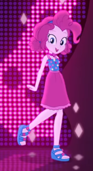 Size: 320x584 | Tagged: safe, imported from derpibooru, screencap, pinkie pie, equestria girls, equestria girls series, i'm on a yacht, spoiler:eqg series (season 2), alternate hairstyle, cropped, feet, female, neon eg logo, sandals, sleeveless, solo