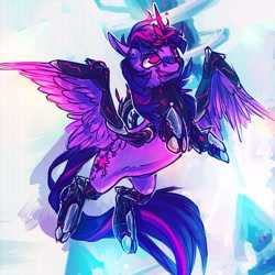 Size: 657x657 | Tagged: source needed, safe, artist:syntactics, imported from derpibooru, twilight sparkle, alicorn, pony, armor, female, flying, glowing horn, horn, rearing, solo, twilight sparkle (alicorn), wings