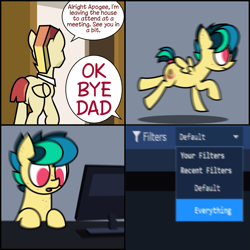 Size: 1499x1499 | Tagged: safe, derpibooru exclusive, edit, imported from derpibooru, oc, oc only, oc:apogee, oc:jet stream, pegasus, pony, derpibooru, apogee discovers google, apojet, comic, computer, cute, eurobeat the meat, exploitable meme, female, filly, freckles, google, incognito mode, meme, meta, motion blur, ponified, running in the 90s, speech, speech bubble