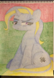 Size: 2776x4024 | Tagged: safe, artist:big-kid, deleted from derpibooru, imported from derpibooru, trixie, pony, unicorn, student counsel, big ear, blonde, colored pencil drawing, looking at you, math, plus sign, purple eyes, sitting, smiling, smiling at you, solo, traditional art