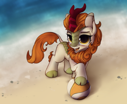 Size: 2426x1986 | Tagged: safe, artist:hitbass, imported from derpibooru, autumn blaze, kirin, awwtumn blaze, beach, beach ball, cloven hooves, cute, female, head turn, looking at you, open mouth, smiling, solo, turned head