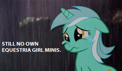 Size: 469x274 | Tagged: safe, imported from derpibooru, lyra heartstrings, pony, doctor who, grammar error, humie, in-universe pegasister, rain, sad