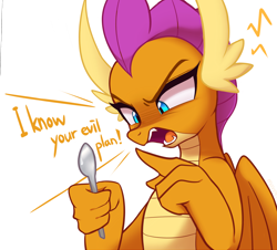 Size: 2454x2222 | Tagged: safe, artist:maren, imported from derpibooru, smolder, dragon, angry, dialogue, dragoness, female, open mouth, silly, silly dragon, simple background, solo, spoon, sweat, sweatdrop, white background, yelling