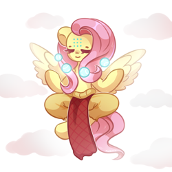 Size: 1500x1500 | Tagged: safe, artist:avonir, imported from derpibooru, fluttershy, pegasus, pony, clothes, eyes closed, female, mare, overwatch, sitting, solo, sphere, spread wings, wings, zenyatta