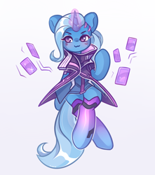 Size: 1500x1700 | Tagged: safe, artist:avonir, imported from derpibooru, trixie, pony, unicorn, :3, blushing, clothes, female, glowing horn, horn, magic, overwatch, solo, sombra (overwatch), telekinesis