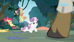 Size: 1366x768 | Tagged: safe, deleted from derpibooru, imported from derpibooru, screencap, apple bloom, sweetie belle, the last crusade, caught, clothes, costume, everfree forest, fake smile, hooves, on back, sheepish grin, vine