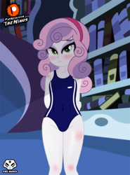 Size: 1920x2600 | Tagged: safe, artist:theminus, imported from derpibooru, sweetie belle, human, equestria girls, blushing, clothes, female, jailbait, knee blush, looking at you, one-piece swimsuit, patreon, patreon logo, show accurate, show accurate porn, solo, swimsuit