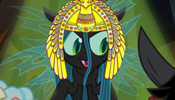 Size: 1400x800 | Tagged: safe, edit, edited screencap, imported from derpibooru, screencap, cozy glow, lord tirek, queen chrysalis, changeling, changeling queen, pegasus, pony, frenemies (episode), egyptian, female, filly, solo focus