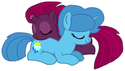 Size: 1498x849 | Tagged: safe, artist:徐詩珮, imported from derpibooru, fizzlepop berrytwist, spring rain, tempest shadow, pony, unicorn, base used, broken horn, female, horn, lesbian, mare, shipping, simple background, sleeping, springshadow, transparent background