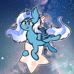 Size: 768x768 | Tagged: safe, artist:sylvial-da, imported from derpibooru, oc, oc:fleurbelle, alicorn, pony, :p, alicorn oc, bow, female, flying, hair bow, mare, space, stars, tongue out