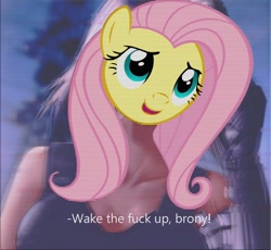 Size: 1176x1080 | Tagged: safe, imported from derpibooru, fluttershy, pony, cyberpunk 2077, keanu reeves, meme, vulgar, wake the fuck up, wake up