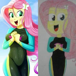 Size: 1024x1024 | Tagged: safe, artist:the-butch-x, edit, imported from derpibooru, fluttershy, equestria girls, clothes, fluttershy's beach shorts swimsuit, hands together, quality, swimsuit, traditional art