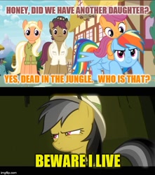 Size: 500x565 | Tagged: safe, edit, edited screencap, imported from derpibooru, screencap, daring do, mane allgood, rainbow dash, scootaloo, snap shutter, earth pony, pegasus, pony, read it and weep, the last crusade, caption, conspiracy, conspiracy theory, headcanon, image macro, sinistar, text