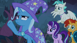 Size: 1920x1080 | Tagged: safe, imported from derpibooru, screencap, starlight glimmer, sunburst, terramar, trixie, classical hippogriff, hippogriff, pony, unicorn, student counsel, cape, clothes, female, great moments in animation, group, hat, male, mare, quartet, stallion, wizard hat