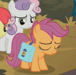 Size: 389x388 | Tagged: safe, imported from derpibooru, screencap, apple bloom, scootaloo, sweetie belle, pegasus, pony, the last crusade, adorable distress, animated, cropped, cute, cutealoo, cutie mark crusaders, female, mare, sad, saddle bag, sadorable, tippy taps, trotting, trotting in place