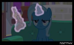 Size: 640x388 | Tagged: safe, edit, edited screencap, editor:teren rogriss, imported from derpibooru, screencap, trixie, pony, unicorn, student counsel, couch, cz 75, darkness, female, frown, glowing horn, gun, handgun, hooves, horn, levitation, low light, magic, mare, pistol, sitting, solo, telekinesis, weapon