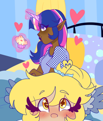 Size: 1280x1497 | Tagged: safe, artist:cubbybatdoodles, imported from derpibooru, derpy hooves, ditzy doo, twilight sparkle, human, bed, blushing, dark skin, eating, elf ears, female, food, heart, horn, horned humanization, humanized, magic, muffin, selfie, unicorns as elves, wing ears