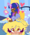 Size: 1280x1497 | Tagged: safe, artist:cubbybatdoodles, imported from derpibooru, derpy hooves, ditzy doo, twilight sparkle, human, bed, blushing, dark skin, eating, elf ears, female, food, heart, horn, horned humanization, humanized, magic, muffin, selfie, unicorns as elves, wing ears