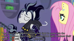 Size: 1280x720 | Tagged: safe, edit, edited screencap, imported from derpibooru, screencap, fluttershy, snow hope, earth pony, pegasus, pony, fake it 'til you make it, bible verse, female, fluttergoth, goth, male, meta, mouthpiece, out of context, out of context quote, religion, text