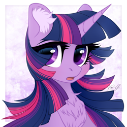 Size: 1500x1500 | Tagged: dead source, safe, artist:vird-gi, imported from derpibooru, twilight sparkle, alicorn, pony, anime style, beautiful, blushing, bust, chest fluff, cute, ear fluff, eyelashes, featured image, female, fluffy, horn, i really like her mane, long mane, looking at you, mare, multicolored mane, open mouth, portrait, purple eyes, shoujo, signature, solo, thick eyelashes, twiabetes, twilight sparkle (alicorn)