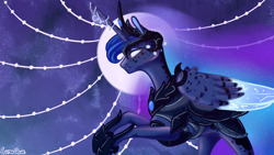 Size: 1280x720 | Tagged: safe, artist:luna dave, imported from derpibooru, princess luna, alicorn, pony, armor, colored wings, ethereal mane, female, galaxy mane, horn, horn jewelry, jewelry, mare, solo, wings