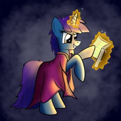 Size: 750x750 | Tagged: safe, artist:sandyfortune, imported from derpibooru, oc, oc only, oc:frozen blaze, pony, unicorn, ponyfinder, arcanist, book, dungeons and dragons, female, magic, mare, pen and paper rpg, portrait, rpg, solo, sorcerer, wizard