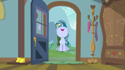 Size: 1920x1080 | Tagged: safe, imported from derpibooru, screencap, skeedaddle, pony, unicorn, the last crusade, boots, clothes, coat rack, door, excited, happy, leaping, male, scootaloo's house, shoes, solo, wardrobe