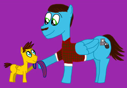 Size: 2916x2034 | Tagged: safe, artist:sb1991, imported from derpibooru, oc, oc:film reel, oc:high tech, pegasus, pony, clothes, father and son, father's day, male, necktie, plaid, plaid shirt, purple background, simple background